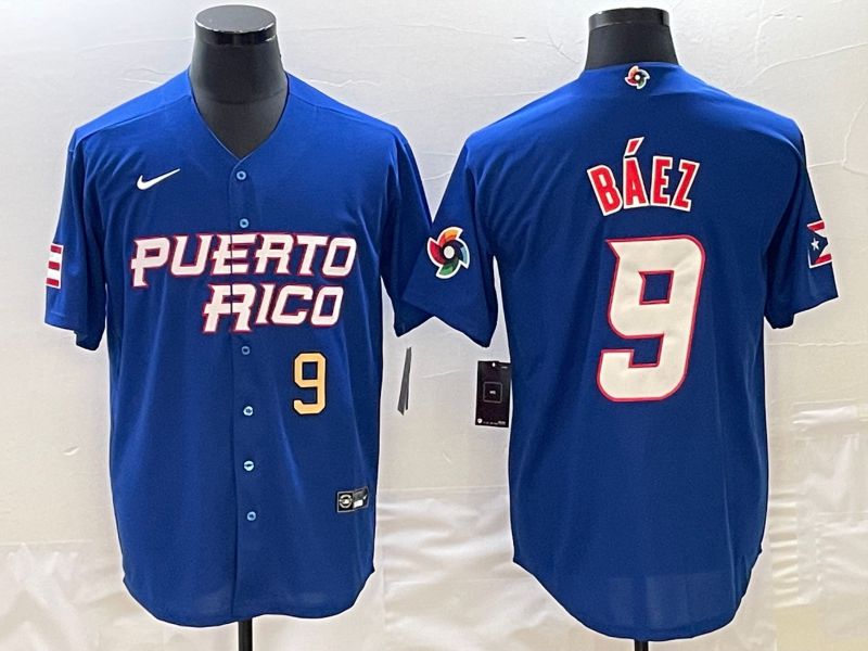 Men 2023 World Cub Puerto Rico #9 Baez Blue Nike MLB Jersey8->->MLB Jersey